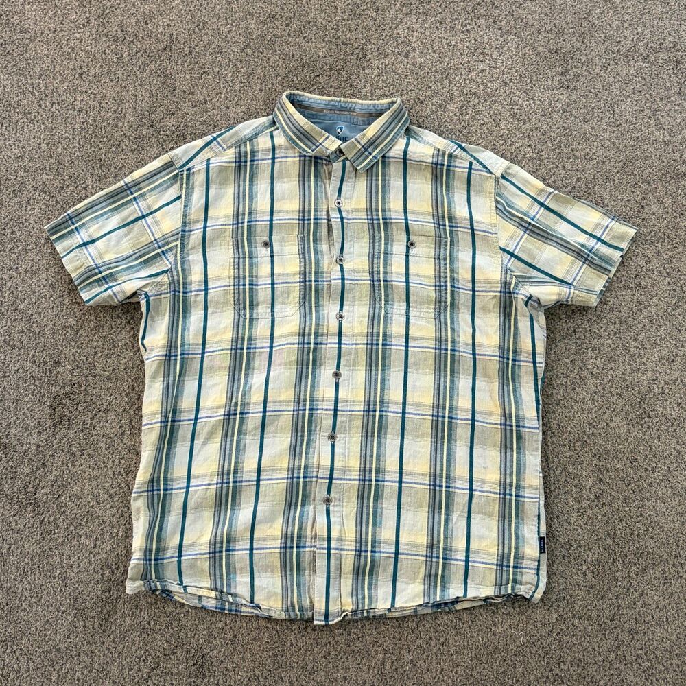 KUHL Mens Plaid Linen Blend Button Up Shirt Short Sleeve Metal Buttons Sz XL